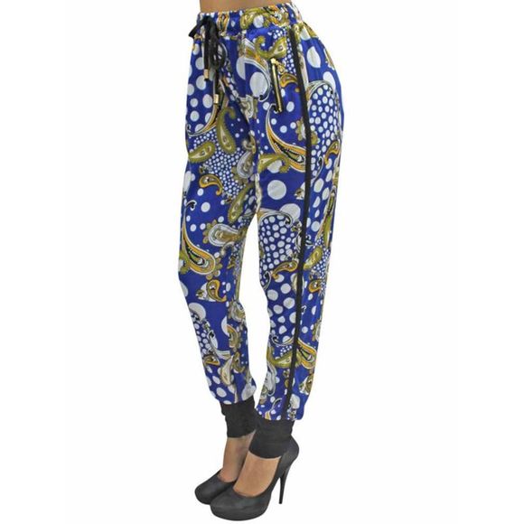 Blue Colorful Paisley Jogger Pants With Tuxedo Stripe - Picture 2 of 4